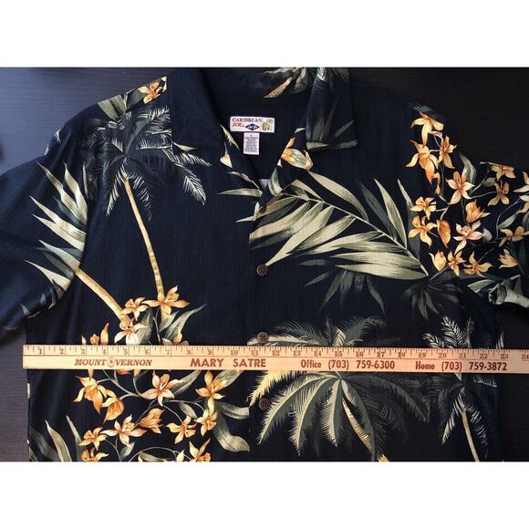 Caribbean Joe Black Rayon/Polyester Loop Button Palm Flower Hawaiian Shirt L - Picture 6 of 8
